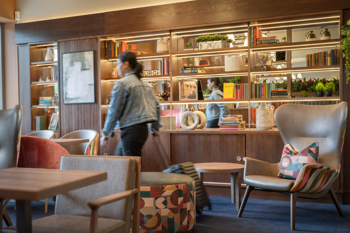 Detail of seating area with sofa at Point A Hotel St Andrews Square, Edinburgh